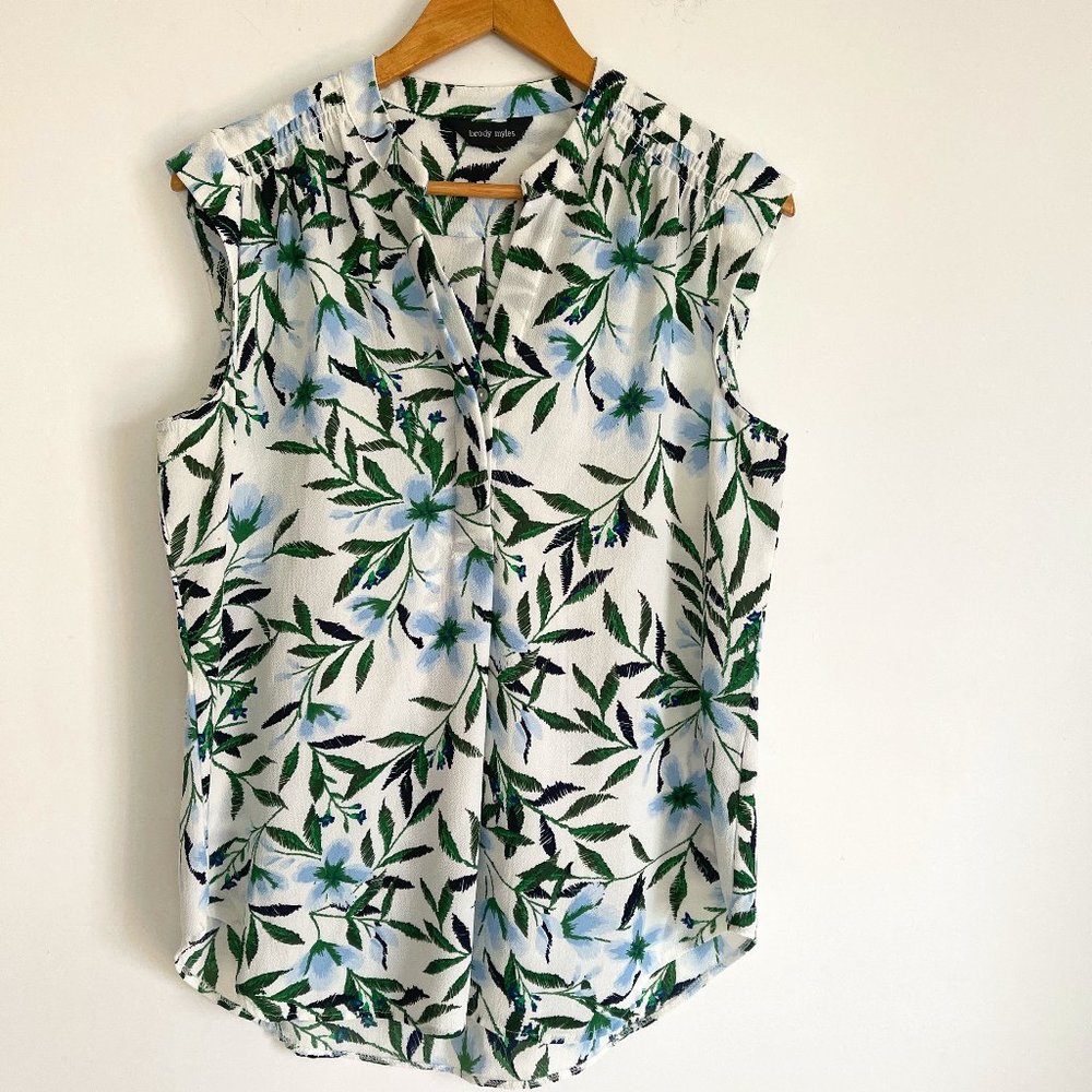 Brody Myles Women Green Leave Print Sleeveless Stretch Pullover Tunic Top Size L
